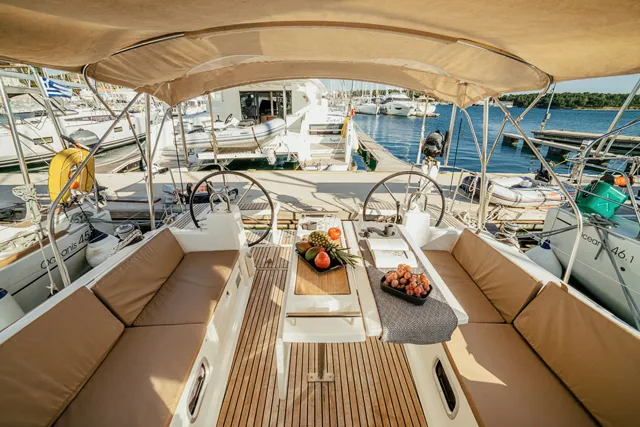 Cockpit of HAPPY, a Beneteau Oceanis 38 sailboat at Grad Šibenik, Croatia