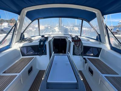 Cockpit of Marilyn, a Beneteau Oceanis 48 sailboat at Cannigione, Italy