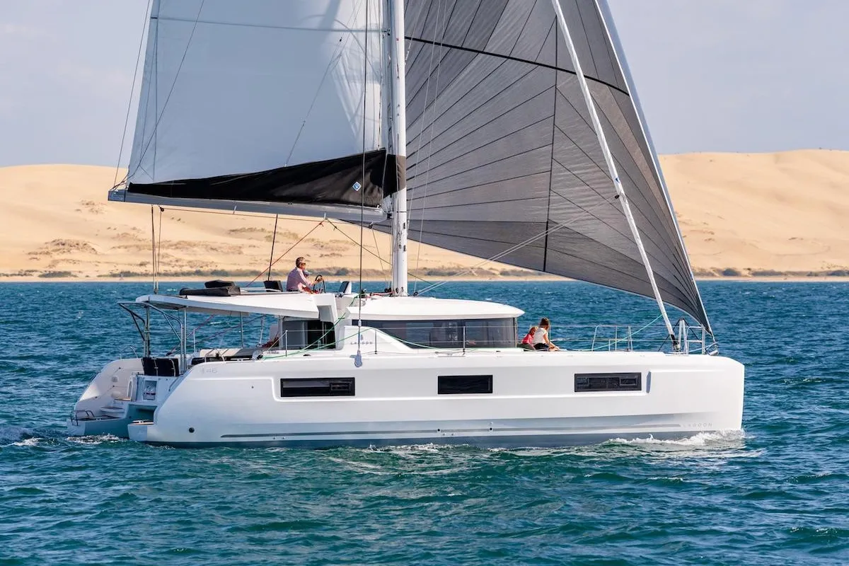 Exterior view of Hercules (ANU), a Lagoon 46 catamaran at English Harbour, Antigua and Barbuda