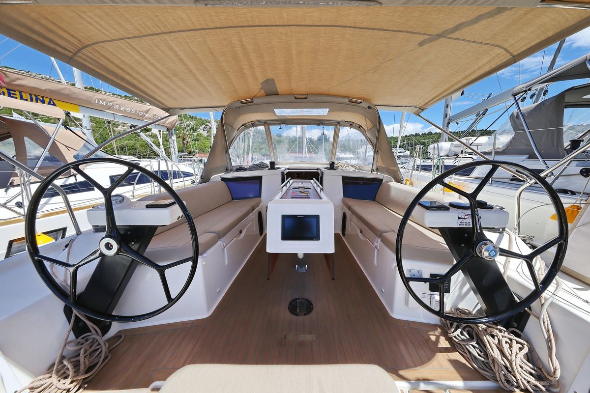 Cockpit of Olmato, a Dufour 390 sailboat at Primošten, Croatia