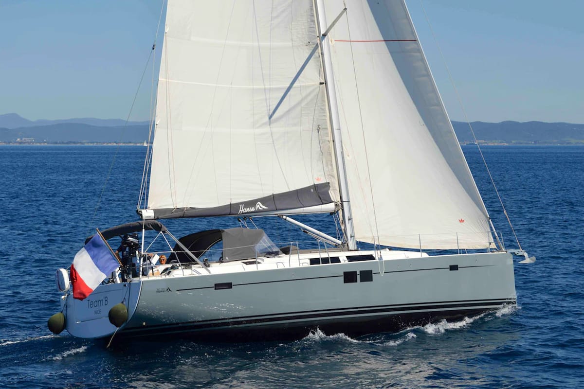 Exterior view of Team B, a Hanse Yachts Hanse 505 sailboat at Grimaud, France