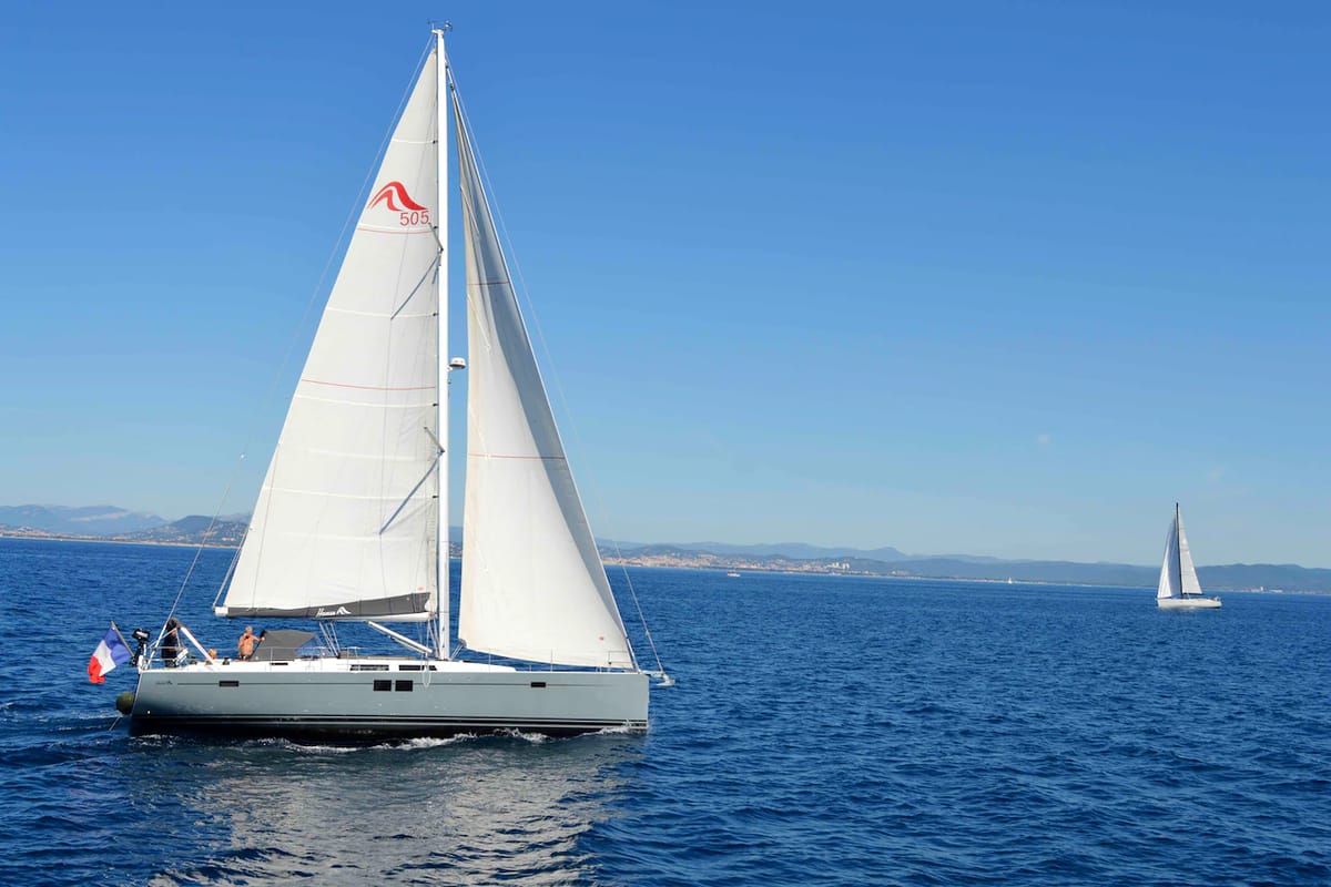 Exterior view of Team B, a Hanse Yachts Hanse 505 sailboat at Grimaud, France