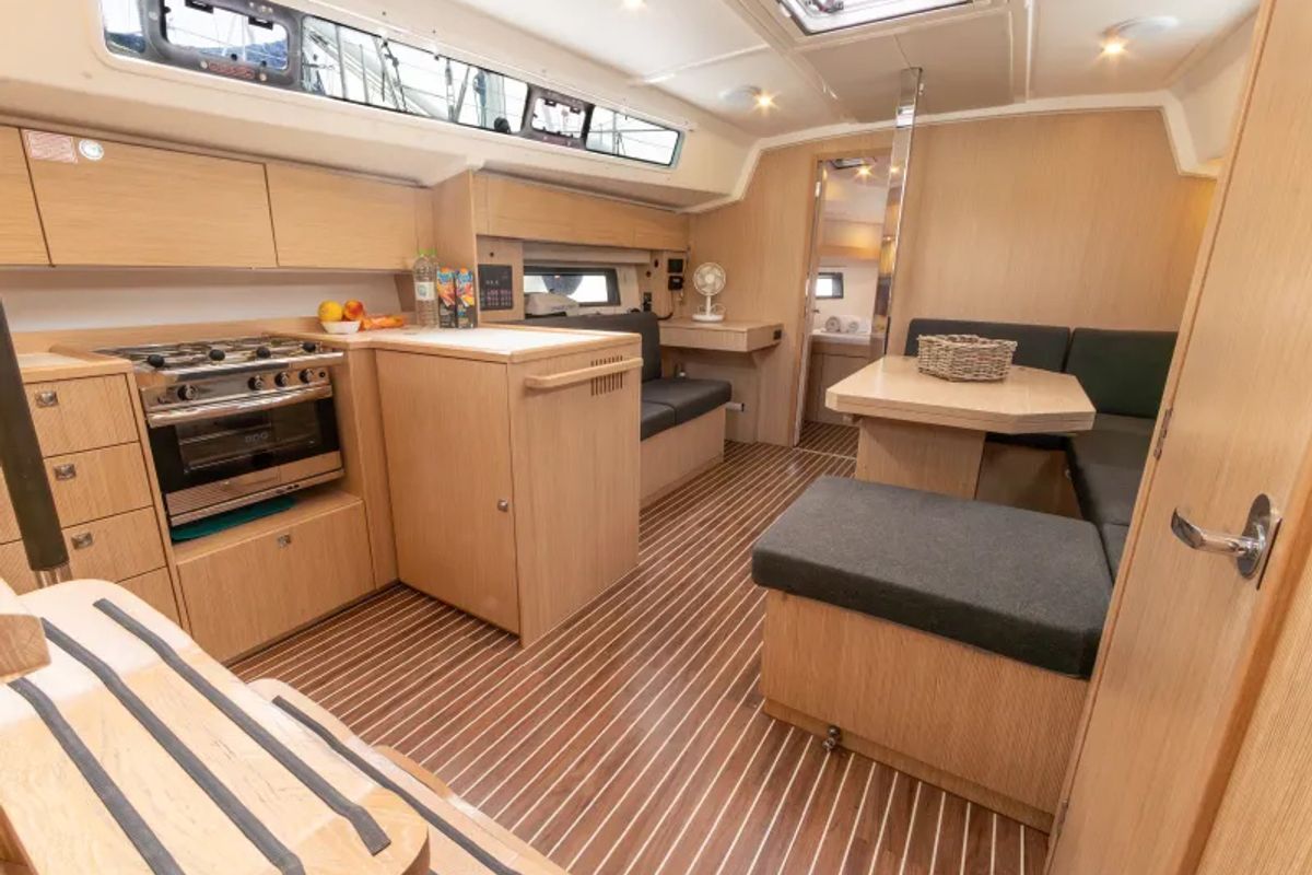 Galley of Bluestone, a Bavaria C42 sailboat at Pylaros Municipal Unit, Greece