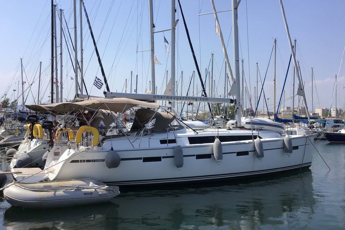 Exterior view of Leonidas, a Bavaria Cruiser 41 sailboat at Lavreotiki Municipal Unit, Greece