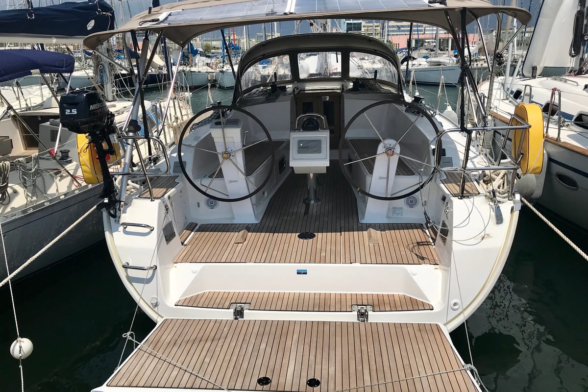 Cockpit of Leonidas, a Bavaria Cruiser 41 sailboat at Lavreotiki Municipal Unit, Greece