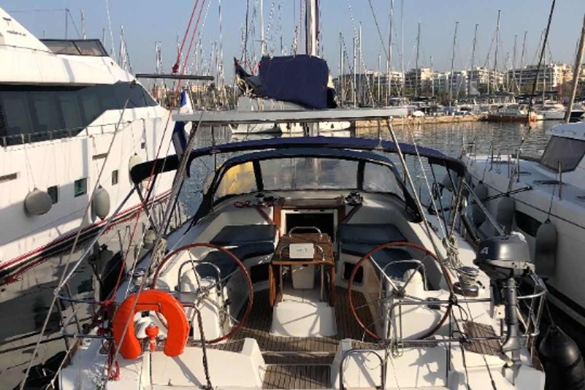 Deck of Christianna 12, a Jeanneau 53 sailboat at Athens, Greece