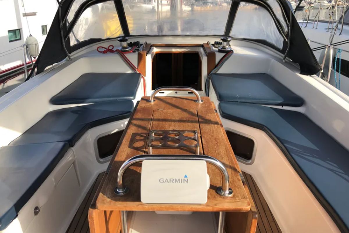 Deck of Christianna 12, a Jeanneau 53 sailboat at Athens, Greece