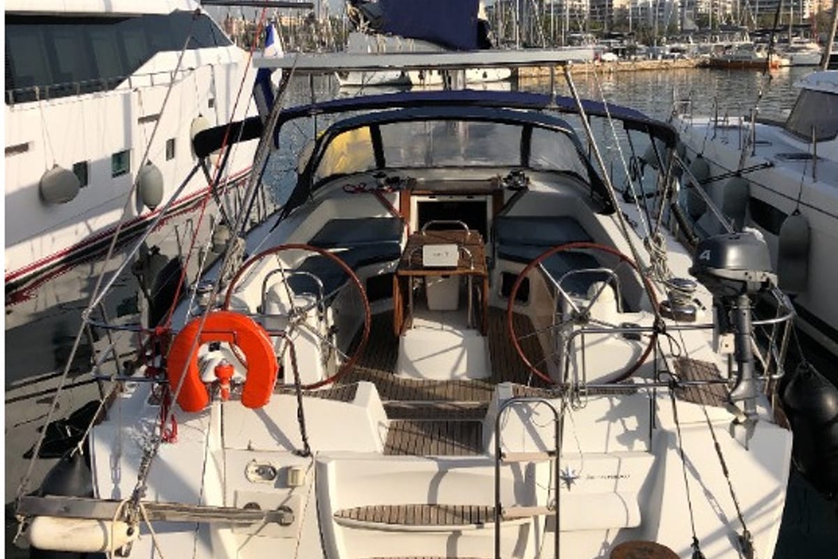 Cockpit of Christianna 12, a Jeanneau 53 sailboat at Athens, Greece