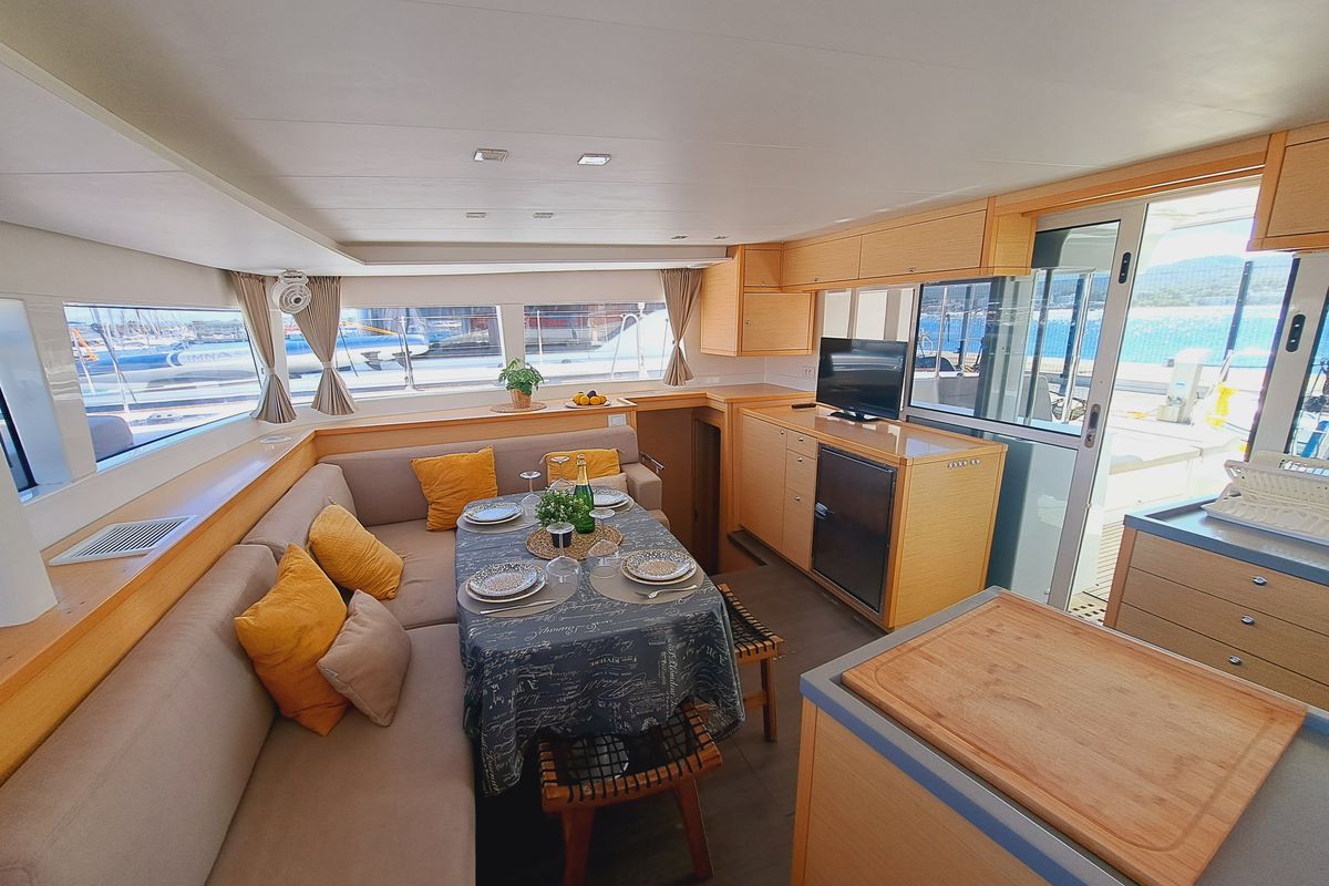 Salon of Lluna, a Lagoon 450 catamaran at Sant Antoni de Portmany, Spain