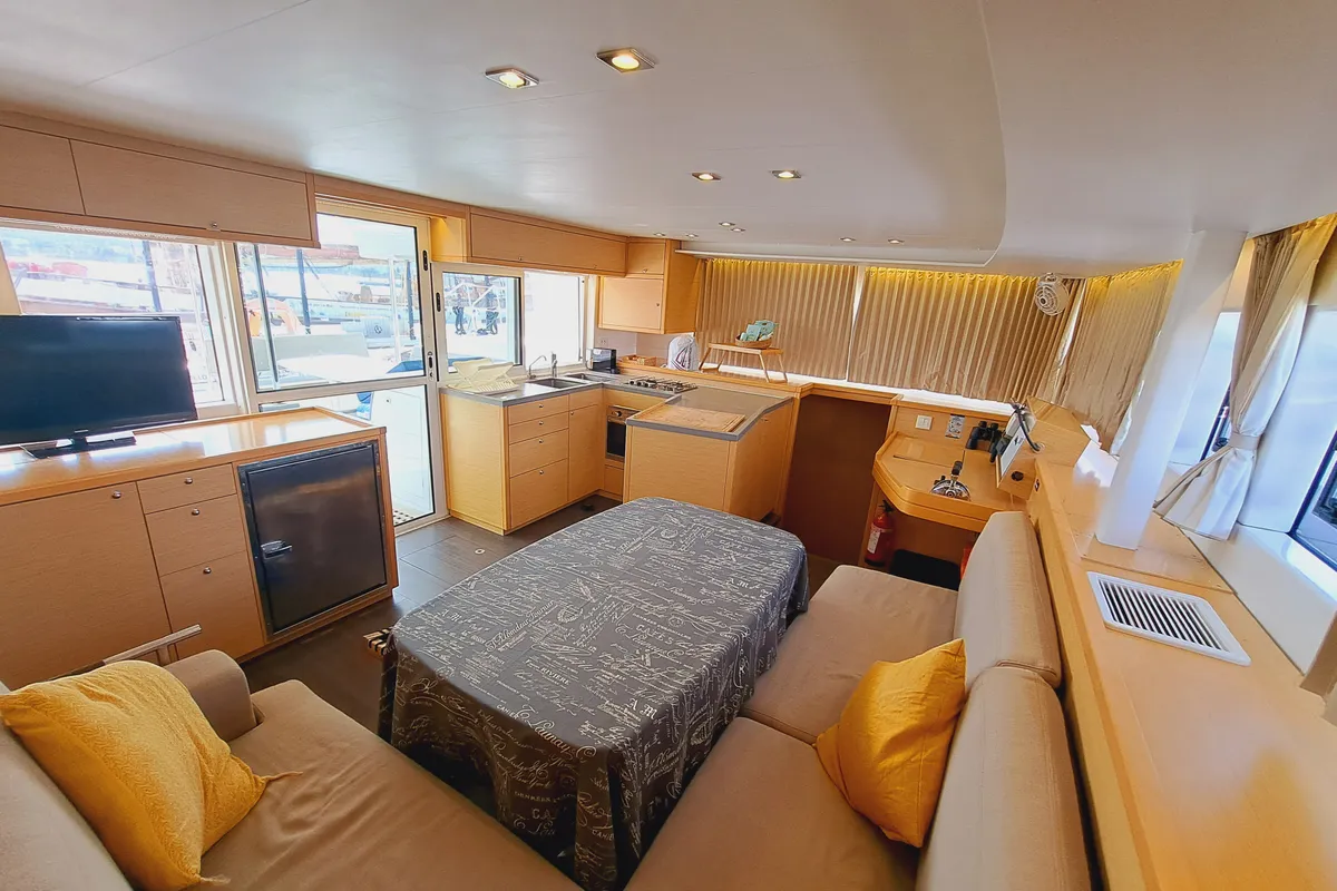 Salon of Lluna, a Lagoon 450 catamaran at Sant Antoni de Portmany, Spain