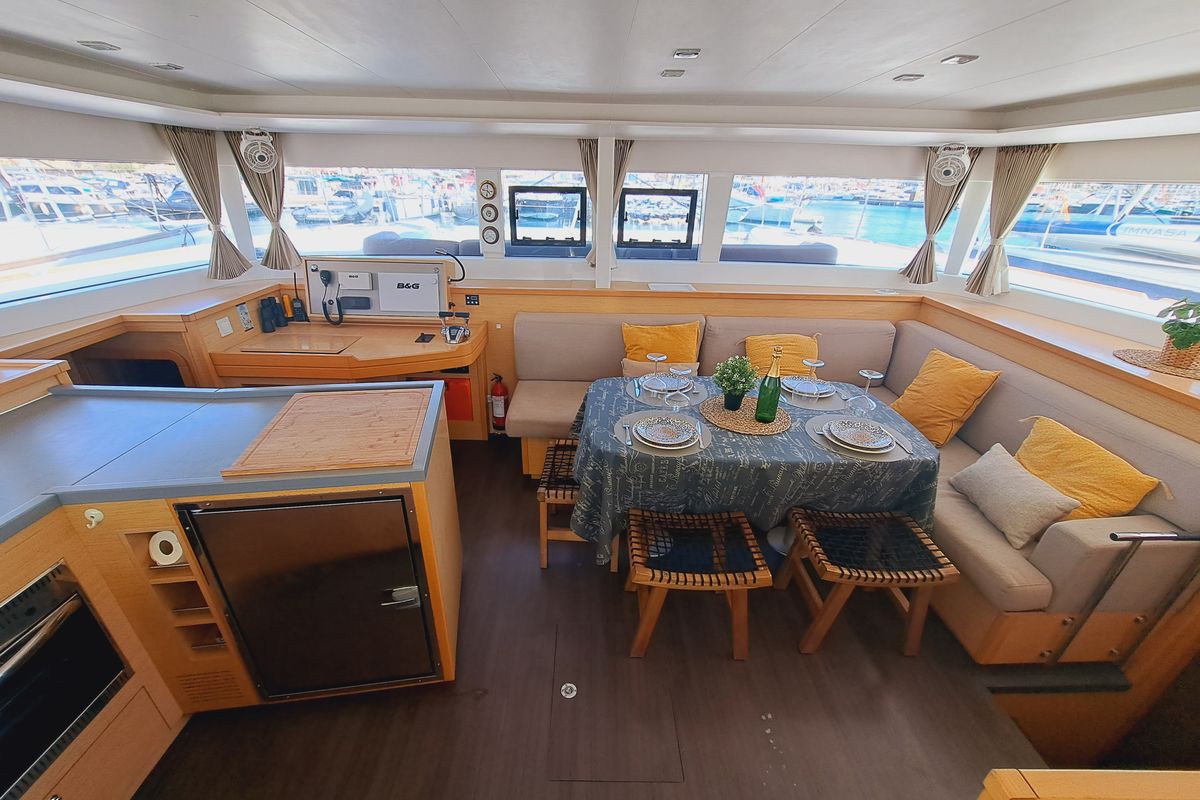 Salon of Lluna, a Lagoon 450 catamaran at Sant Antoni de Portmany, Spain