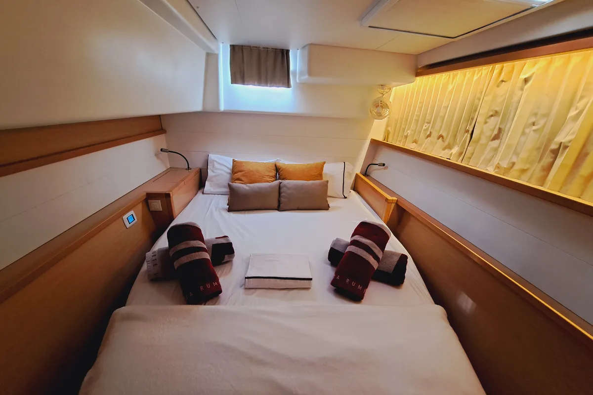 Cabin on Lluna, a Lagoon 450 catamaran at Sant Antoni de Portmany, Spain