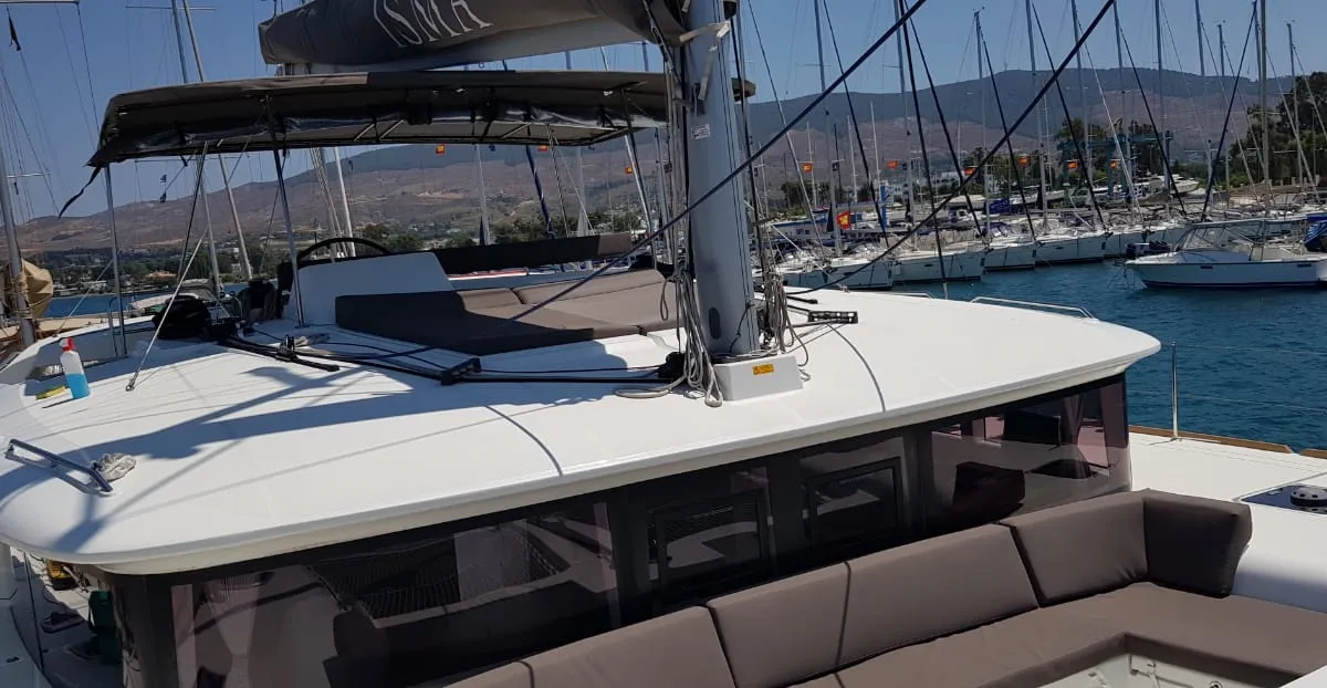 Deck of ISMA, a Lagoon 450 Fly catamaran at Sami Municipal Unit, Greece