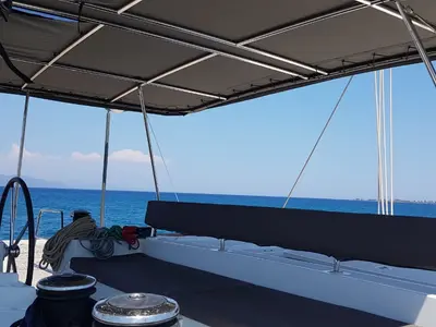 Deck of ISMA, a Lagoon 450 Fly catamaran at Sami Municipal Unit, Greece