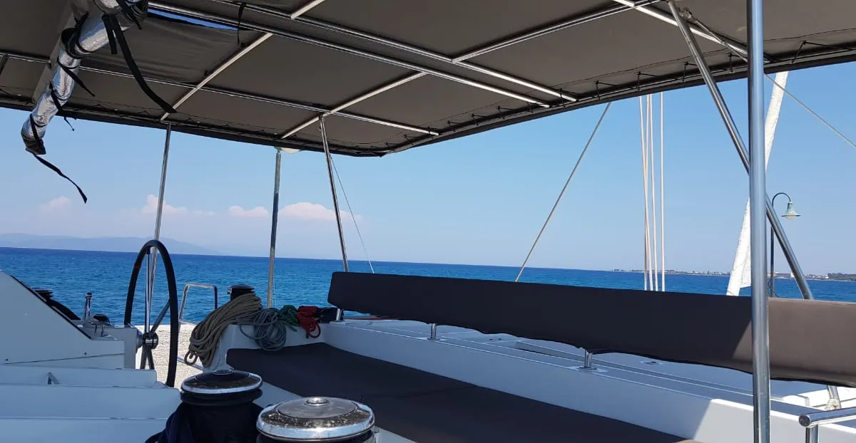 Deck of ISMA, a Lagoon 450 Fly catamaran at Sami Municipal Unit, Greece