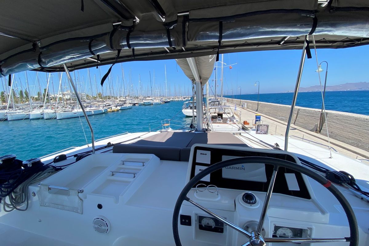 Cockpit of ISMA, a Lagoon 450 Fly catamaran at Sami Municipal Unit, Greece