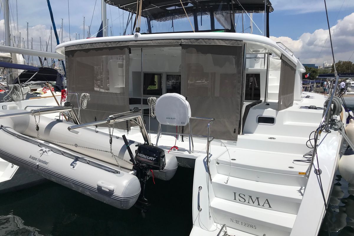 Exterior view of ISMA, a Lagoon 450 Fly catamaran at Sami Municipal Unit, Greece
