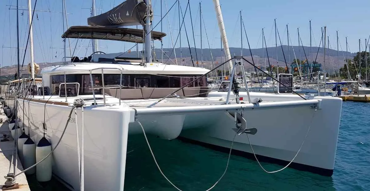 Exterior view of ISMA, a Lagoon 450 Fly catamaran at Sami Municipal Unit, Greece