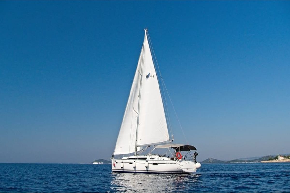 Exterior view of Mh 72, a Bavaria Cruiser 41 sailboat at Murter, Croatia