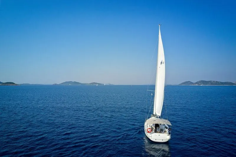 Exterior view of Mh 72, a Bavaria Cruiser 41 sailboat at Murter, Croatia