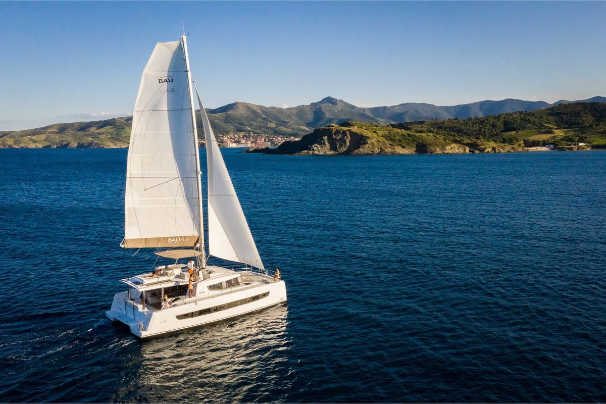 Exterior view of Azurea, a Bali 4.8 catamaran at Lavreotiki Municipal Unit, Greece