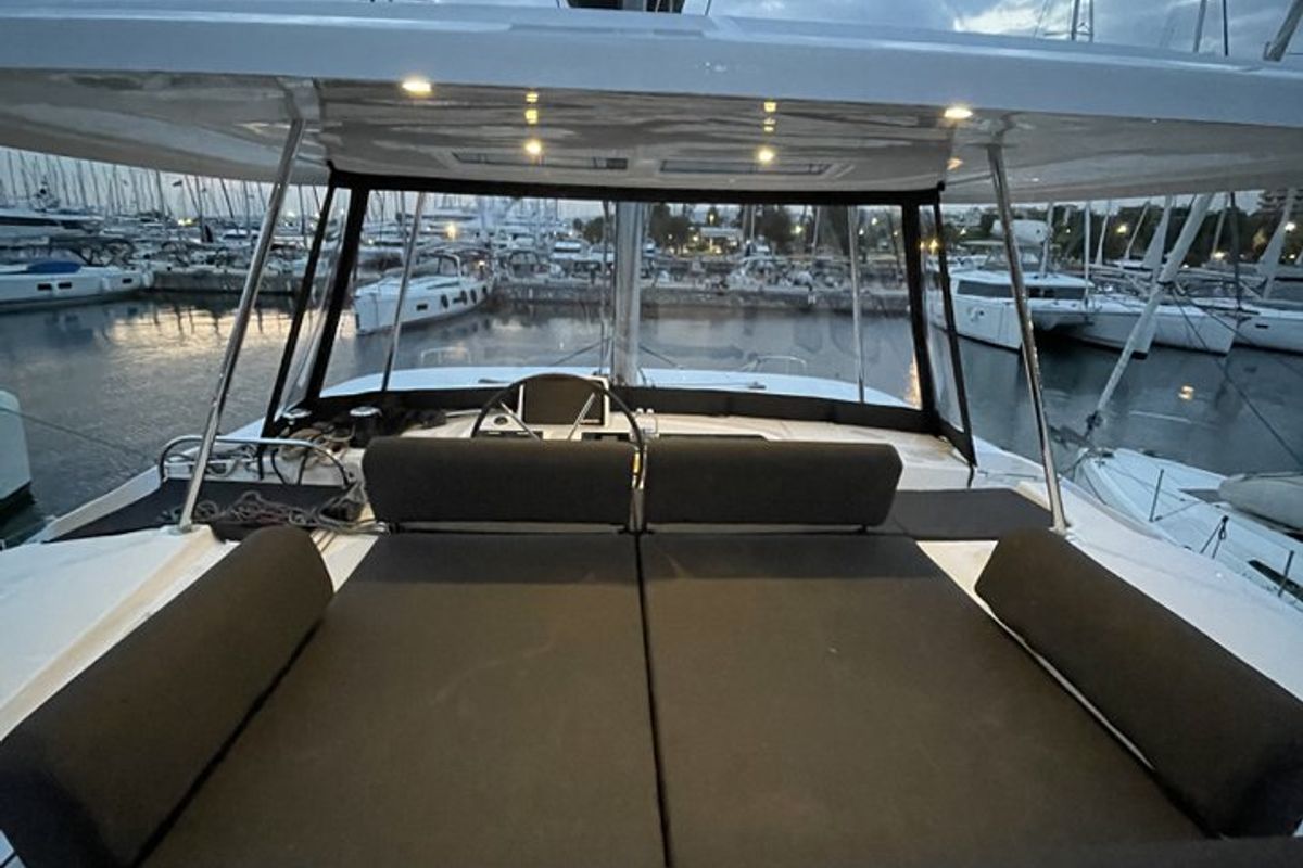 Cockpit of Astraeus, a Lagoon 46 catamaran at Skiathos, Greece