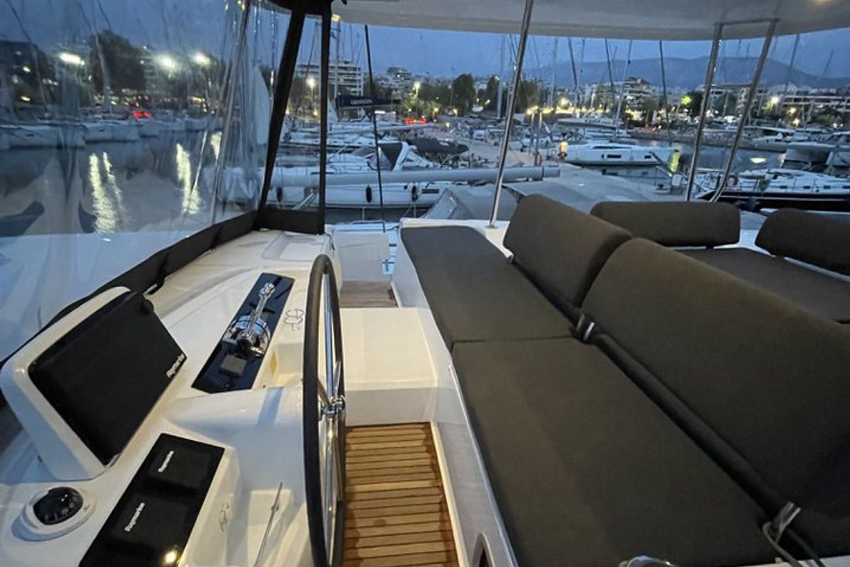 Cockpit of Astraeus, a Lagoon 46 catamaran at Skiathos, Greece