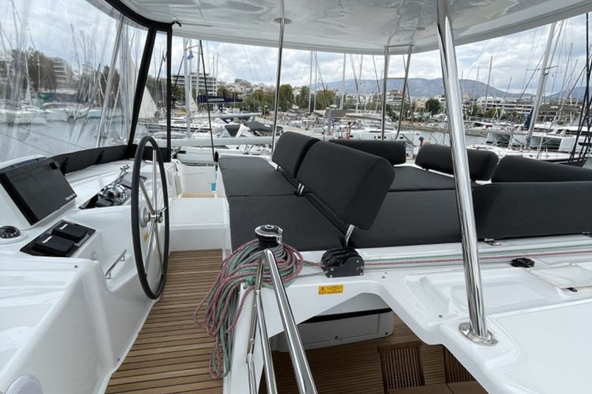 Cockpit of Astraeus, a Lagoon 46 catamaran at Skiathos, Greece
