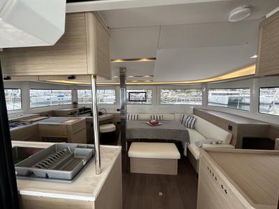 Salon of Astraeus, a Lagoon 46 catamaran at Skiathos, Greece