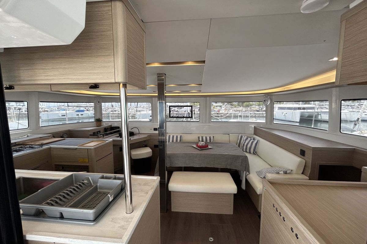 Salon of Astraeus, a Lagoon 46 catamaran at Skiathos, Greece