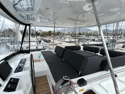 Cockpit of Astraeus, a Lagoon 46 catamaran at Skiathos, Greece