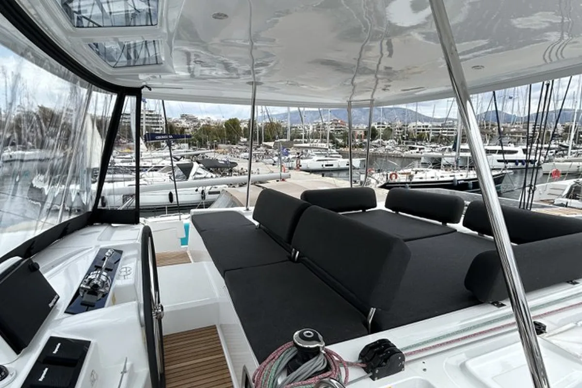 Cockpit of Astraeus, a Lagoon 46 catamaran at Skiathos, Greece