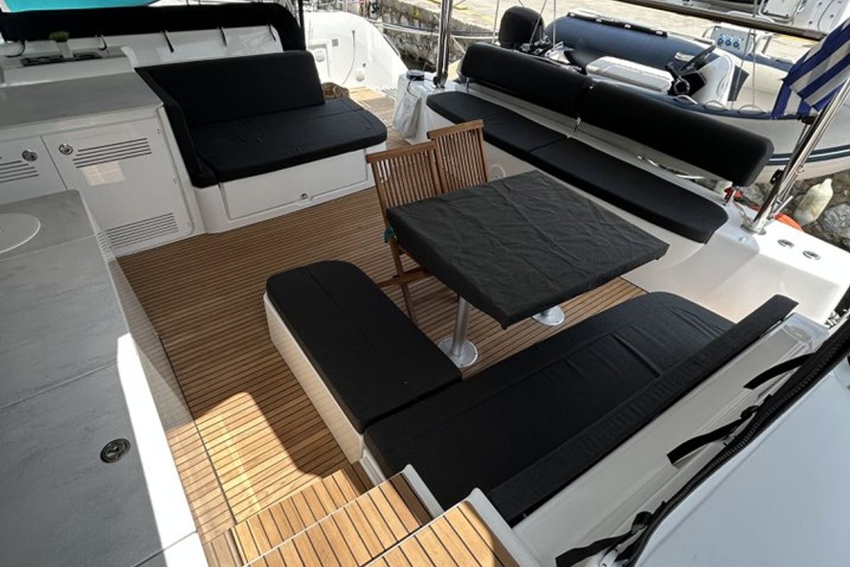 Deck of Astraeus, a Lagoon 46 catamaran at Skiathos, Greece