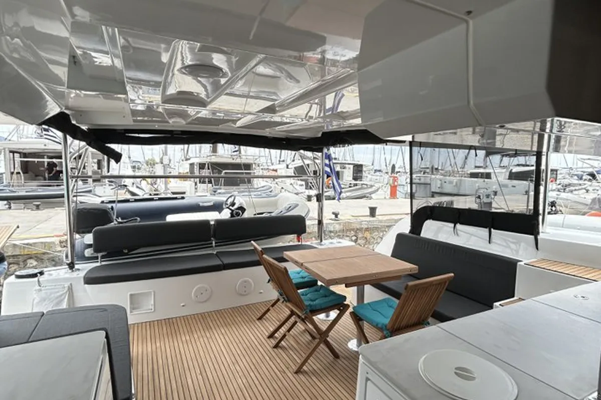 Deck of Astraeus, a Lagoon 46 catamaran at Skiathos, Greece