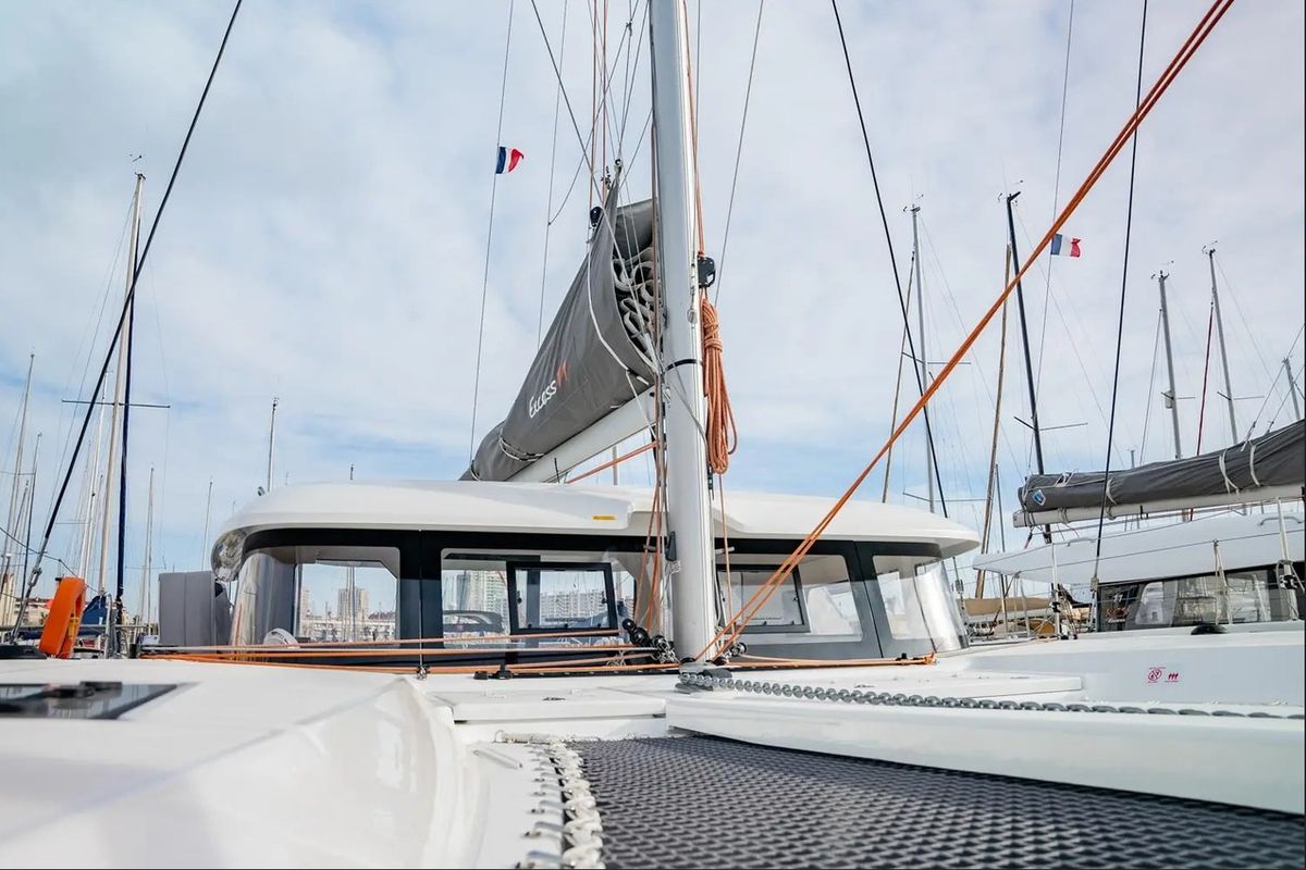 Deck of Alpamapa, a Excess 11 catamaran at Toulon, France