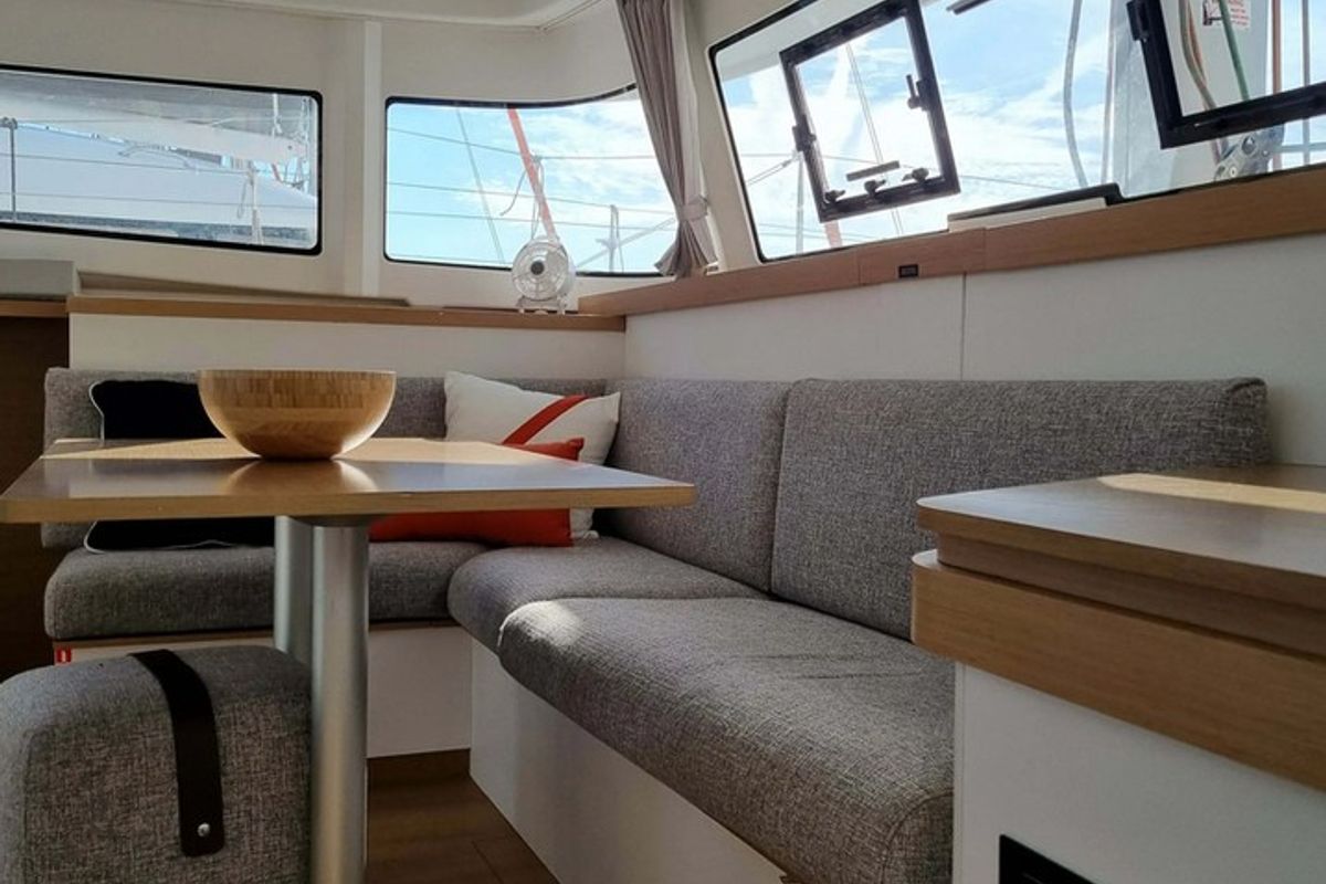 Salon of Alpamapa, a Excess 11 catamaran at Toulon, France
