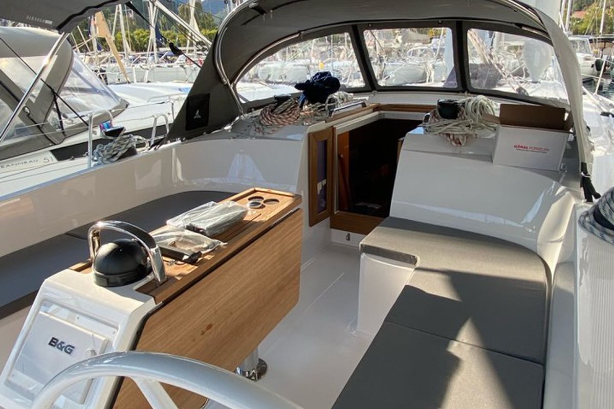 Cockpit of Chagla, a Bavaria Cruiser 46 sailboat at Fethiye, Turkey