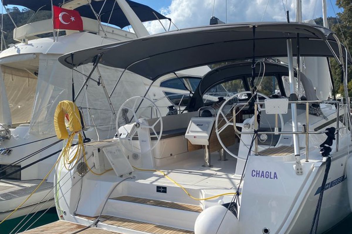 Exterior view of Chagla, a Bavaria Cruiser 46 sailboat at Fethiye, Turkey