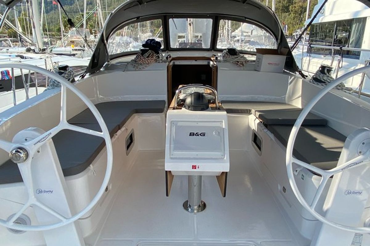Cockpit of Chagla, a Bavaria Cruiser 46 sailboat at Fethiye, Turkey