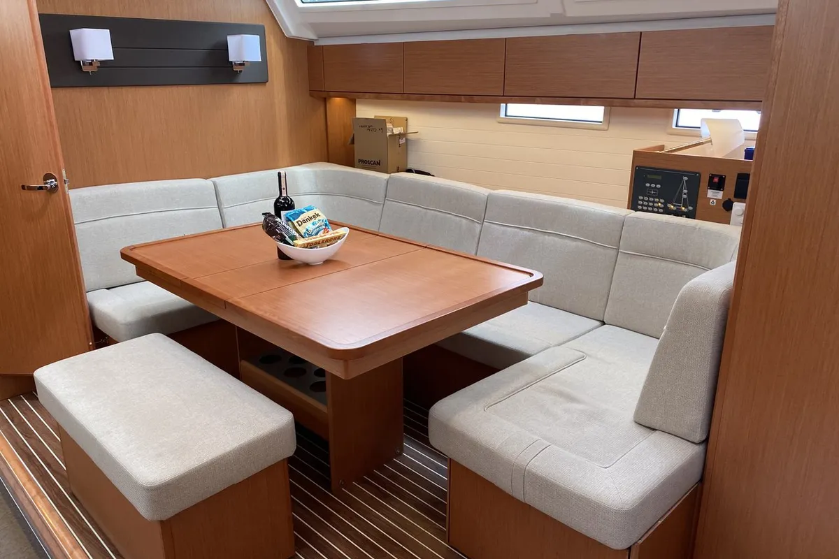 Salon of Chagla, a Bavaria Cruiser 46 sailboat at Fethiye, Turkey