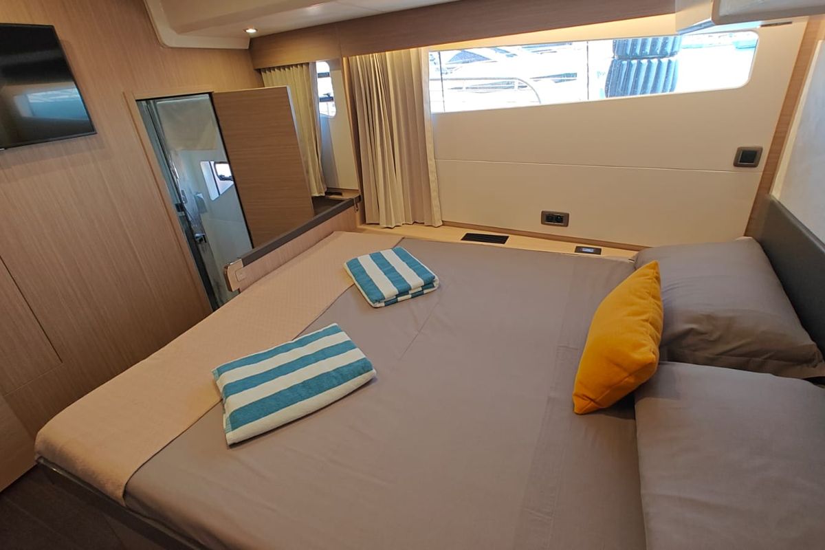 Cabin on ViVa, a Prestige M48 catamaran at Castellammare di Stabia, Italy