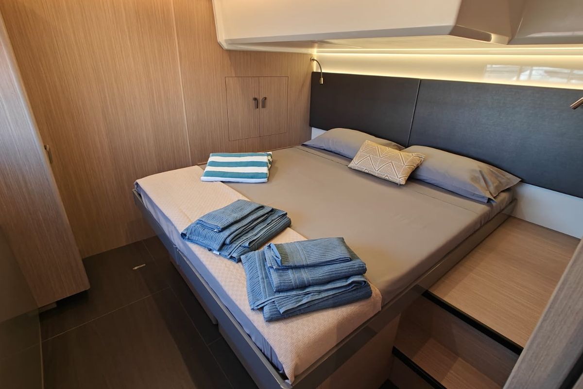 Cabin on ViVa, a Prestige M48 catamaran at Castellammare di Stabia, Italy