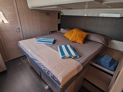 Cabin on ViVa, a Prestige M48 catamaran at Castellammare di Stabia, Italy