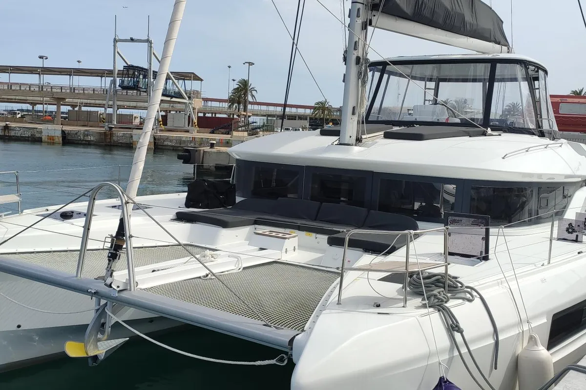 Deck of Euphoria IV, a Lagoon 51 catamaran at Grad Kaštela, Croatia