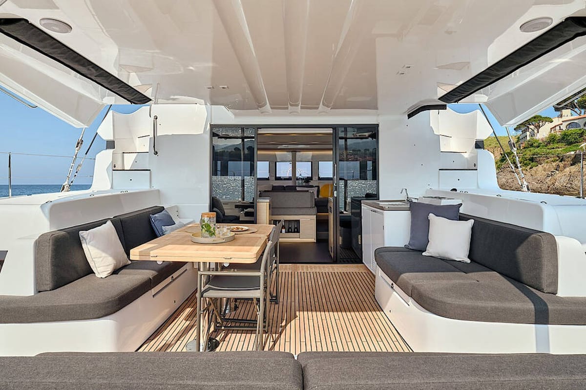 Deck of Euphoria IV, a Lagoon 51 catamaran at Grad Kaštela, Croatia
