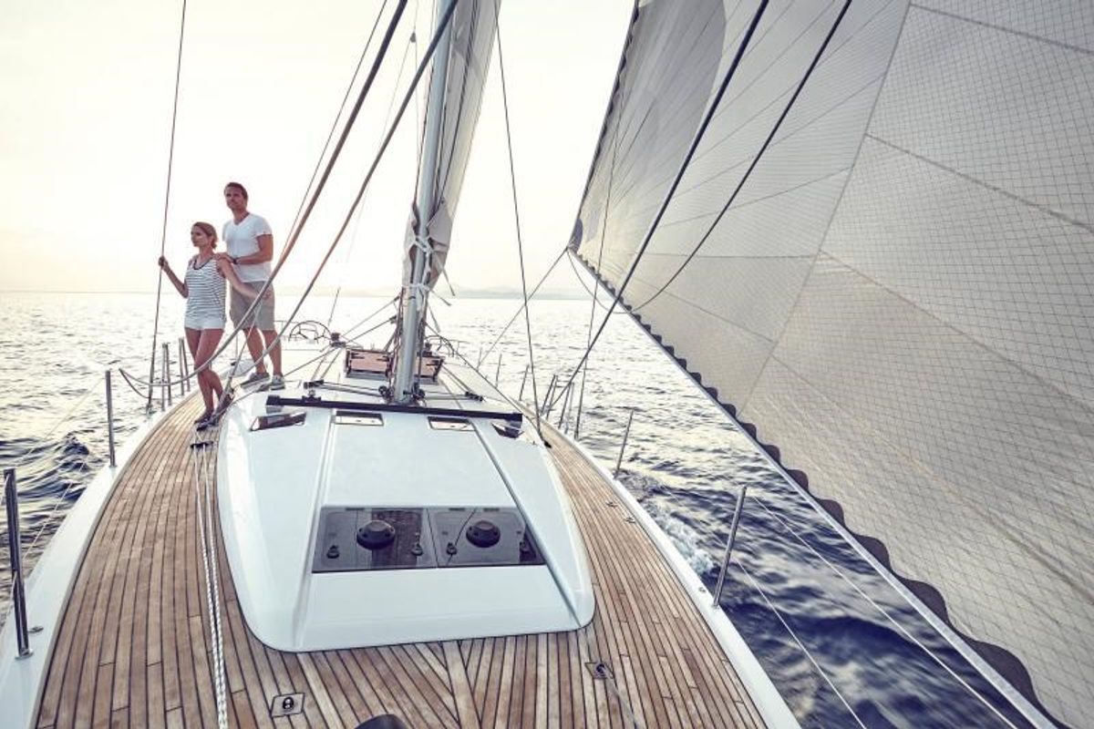 Deck of Sun Odyssey 490 Classic, a Jeanneau Sun Odyssey 490 sailboat at Cannigione, Italy