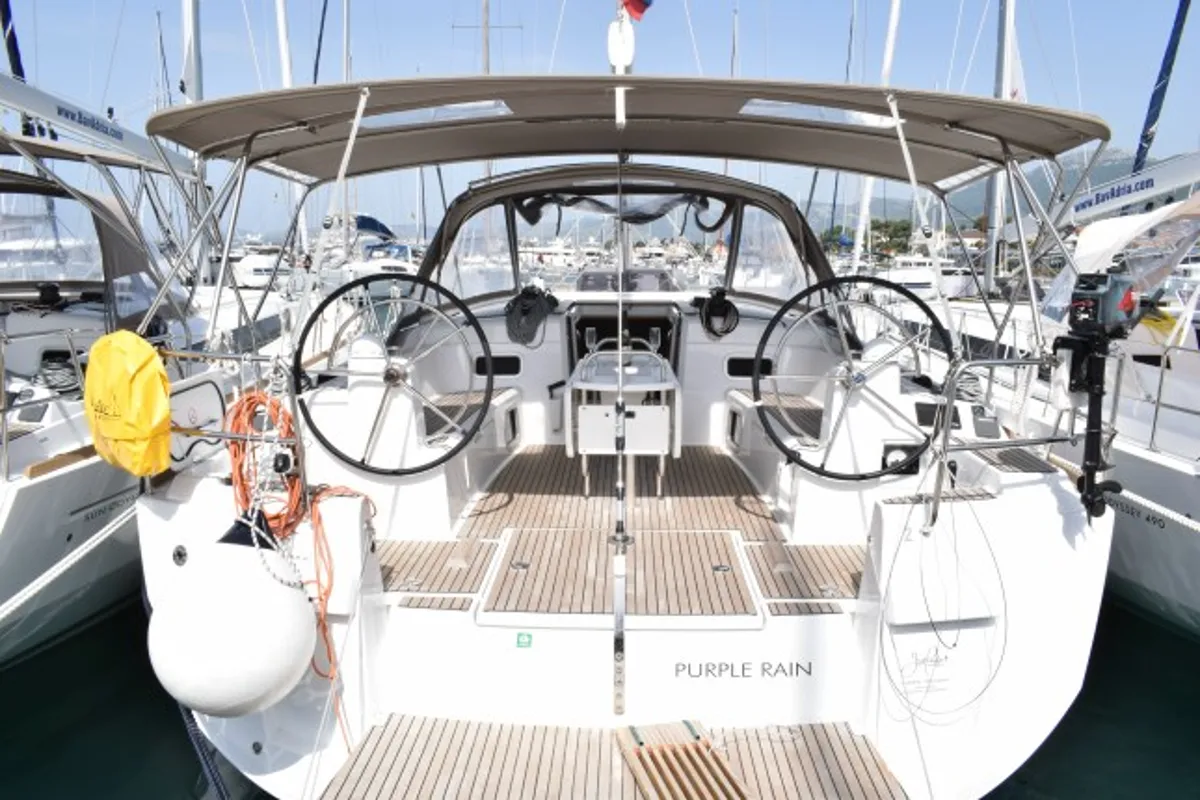 Exterior view of Purple Rain, a Jeanneau Sun Odyssey 519 sailboat at Grad Kaštela, Croatia