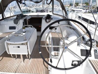 Cockpit of Purple Rain, a Jeanneau Sun Odyssey 519 sailboat at Grad Kaštela, Croatia