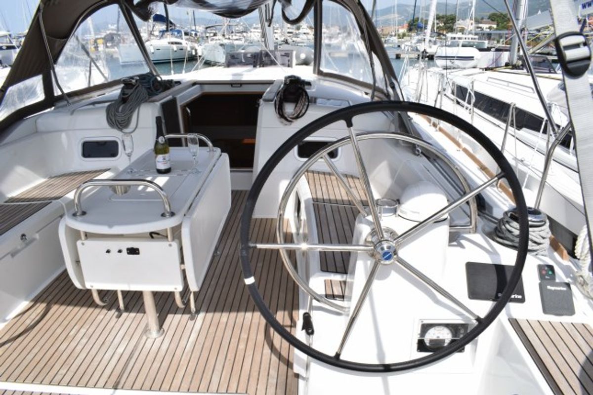Cockpit of Purple Rain, a Jeanneau Sun Odyssey 519 sailboat at Grad Kaštela, Croatia