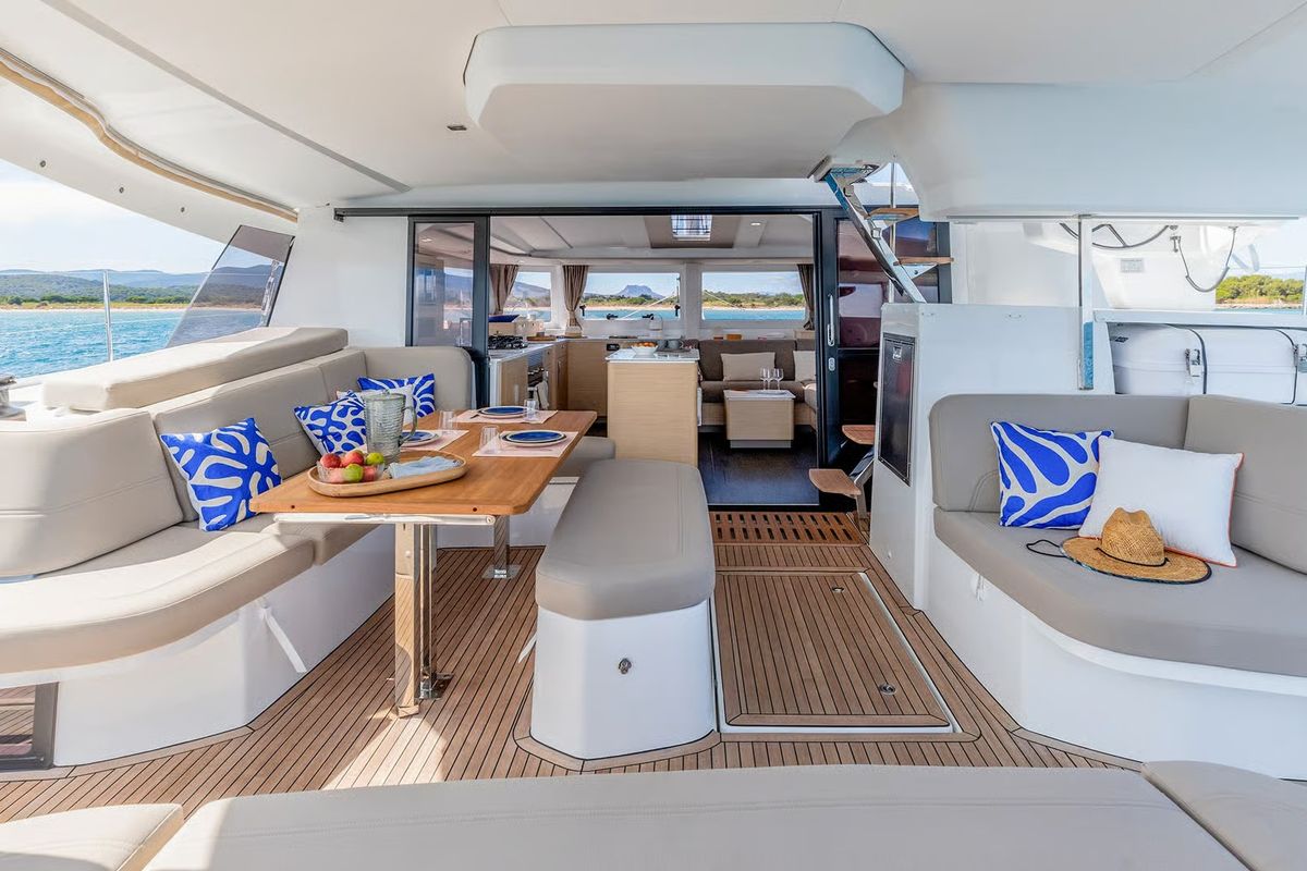 Deck of Cat-O-Caster, a Fountaine Pajot FP 44 Maestro catamaran at Charlotte Amalie, United States
